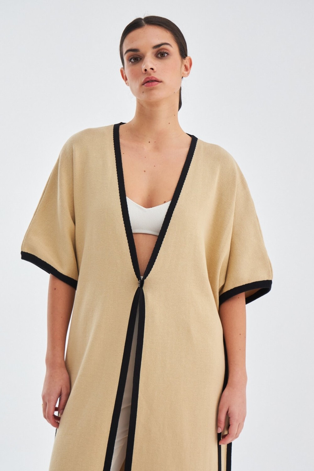 Peraluna SOHO Kısa Kollu %100 Pamuk Kadın Triko Kimono - Siyah/Ekru görsel 7