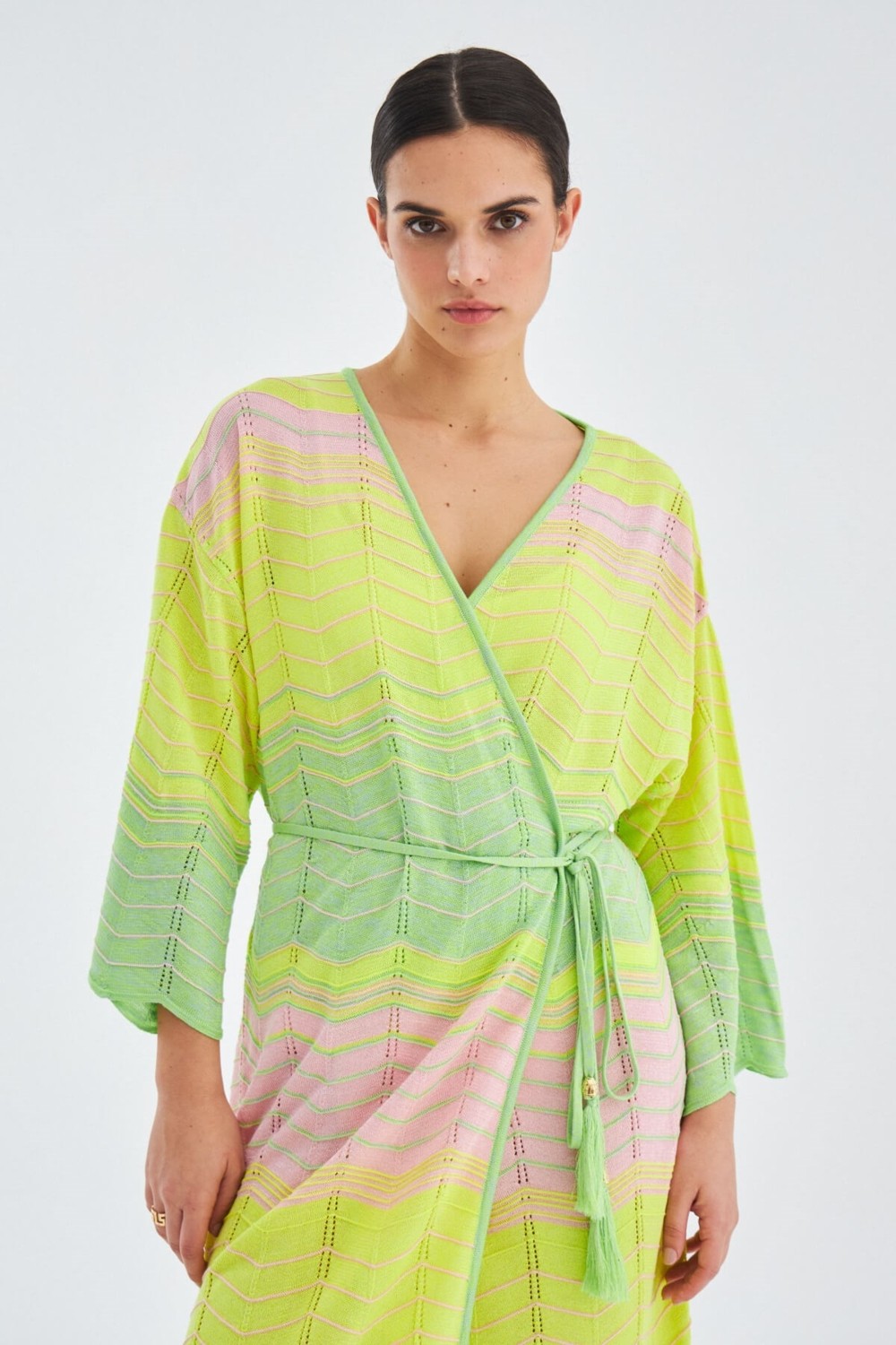 Peraluna SAKURA Çan Kollu Viskonlu Yazlık Kadın Triko Kimono - Lime Melanj görsel 2