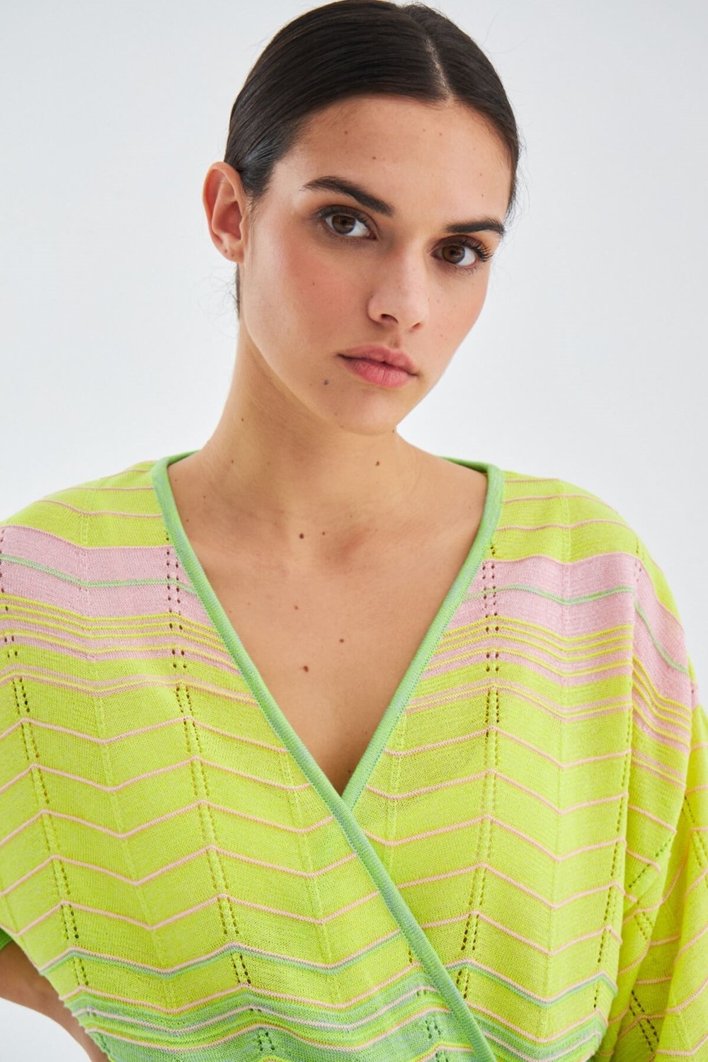 Peraluna SAKURA Çan Kollu Viskonlu Yazlık Kadın Triko Kimono - Lime Melanj görsel 3