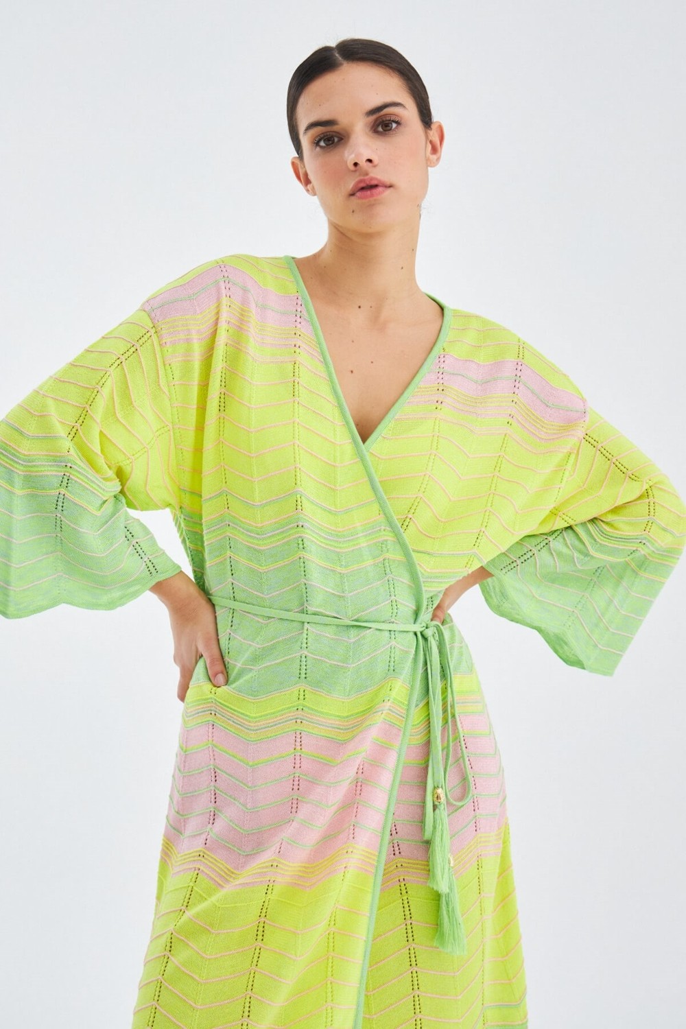 Peraluna SAKURA Çan Kollu Viskonlu Yazlık Kadın Triko Kimono - Lime Melanj görsel 4