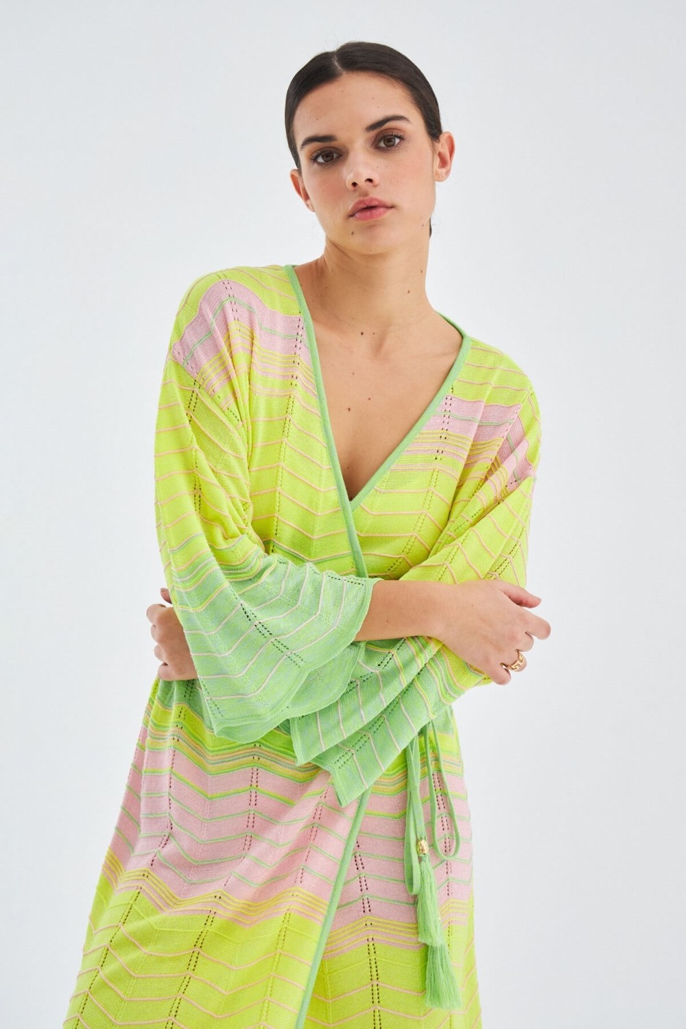 Peraluna SAKURA Çan Kollu Viskonlu Yazlık Kadın Triko Kimono - Lime Melanj görsel 5