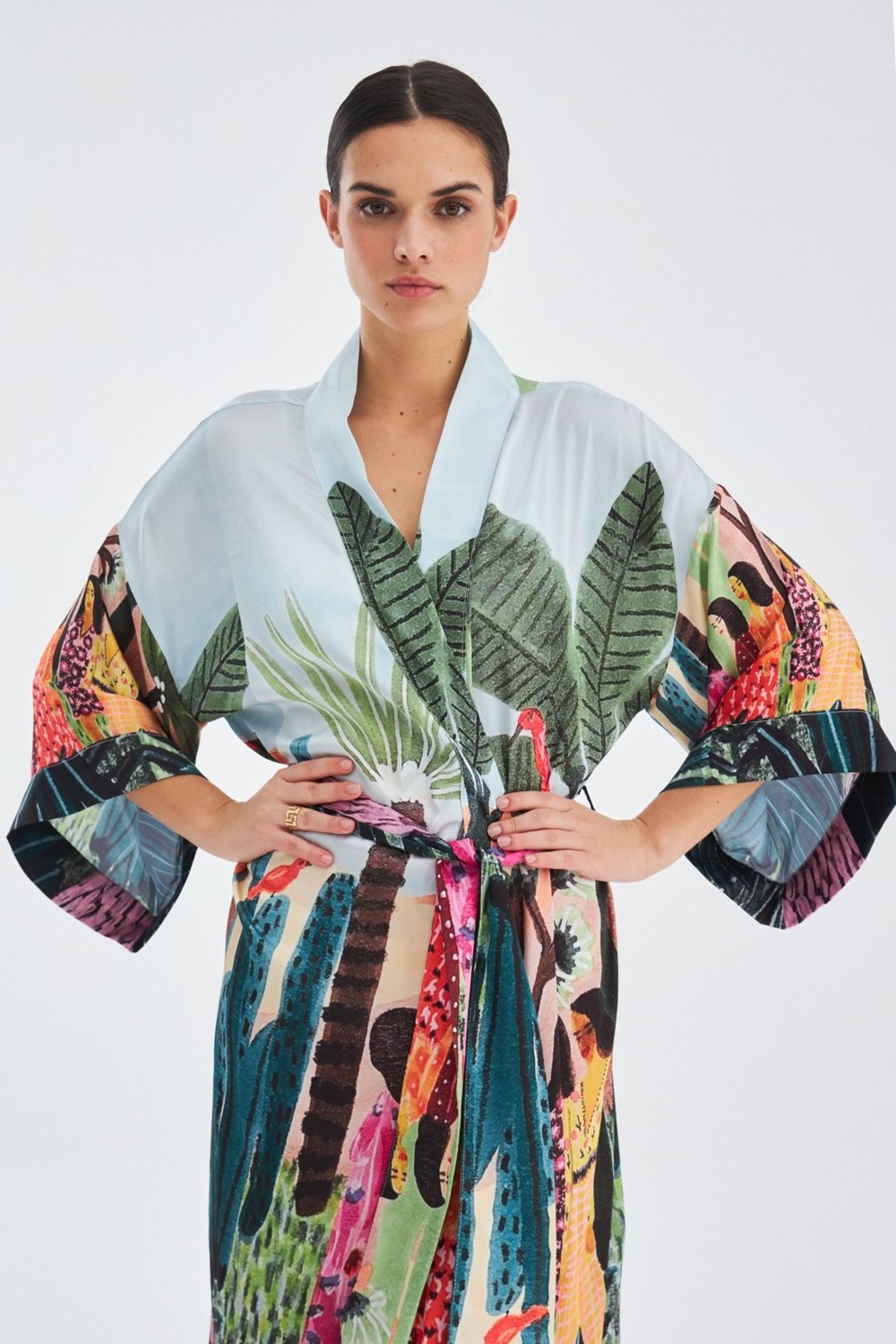 Peraluna KAURİ Tropik Desenli Bilek Hizası Saten Kadın Kimono - Çok Renkli görsel 2