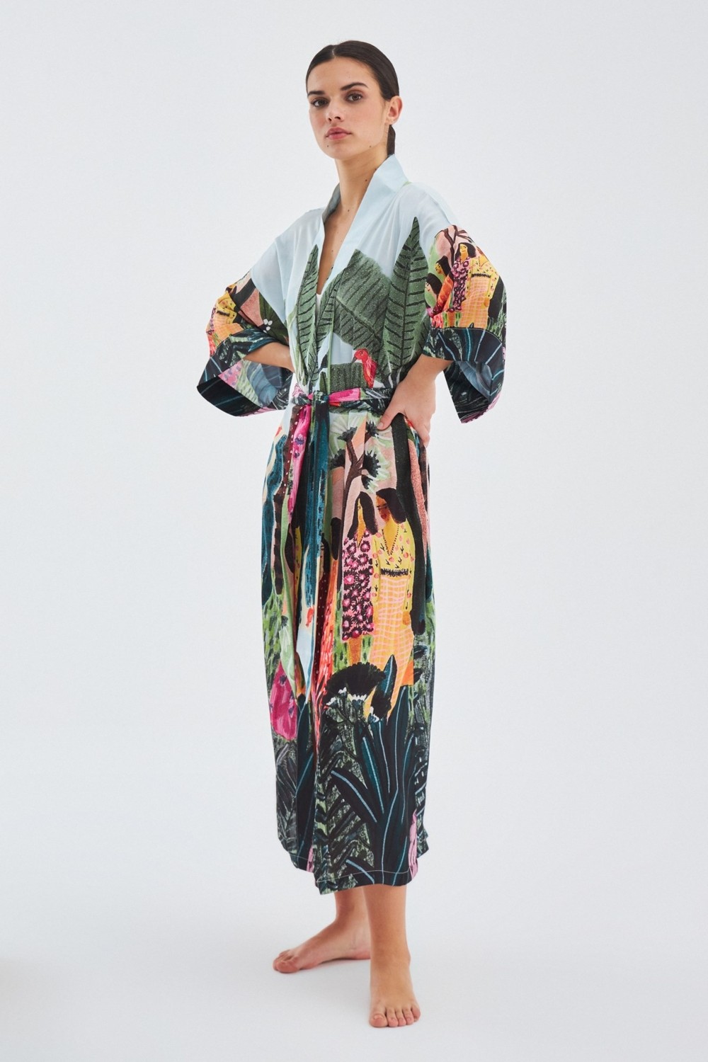 Peraluna KAURİ Tropik Desenli Bilek Hizası Saten Kadın Kimono - Çok Renkli görsel 5