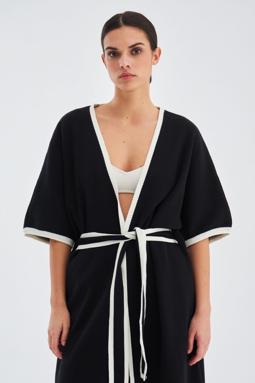 Peraluna SOHO Kısa Kollu %100 Pamuk Kadın Triko Kimono - Siyah/Ekru görsel 2
