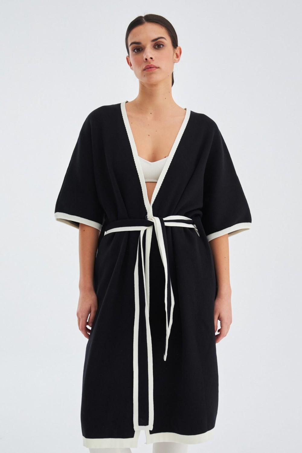Peraluna SOHO Kısa Kollu %100 Pamuk Kadın Triko Kimono - Siyah/Ekru görsel 4
