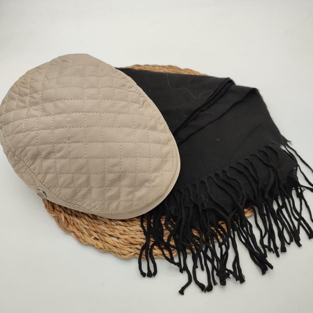 Sanalbolluk Kare Desenli Krem Renk Kasket ve Atkı Ikili Takım görsel 4