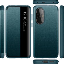 Eabhulie Huawei P50 Pro Için Ince Işletme Smart View Pu Deri Telefon Kılıfı - Yeşil (Yurt Dışından)