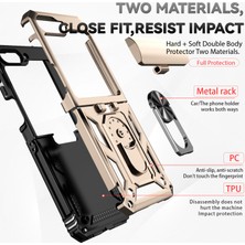 Eabhulie Samsung Galaxy Z Flip 5 Için Halka Ayaklı ve Kayar Kamera Kapaklı Telefon Kılıf - Altın (Yurt Dışından)
