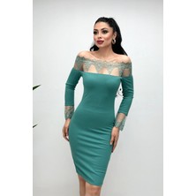 Giyimmasalı Krep Kumaş Dantel Detaylı Elbise - Mint Yeşili