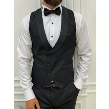 Lonatolia Battal Boy Erkek Smokin Damatlık Italyan Kesim Slim Fit Ceket Yelek Pantolon Papyon-Siyah