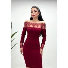 Giyimmasalı Krep Kumaş Dantel Detaylı Elbise - Bordo