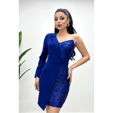 Giyimmasalı Atlas Kumaş Payet Detaylı Ceket Elbise - Saks Mavi