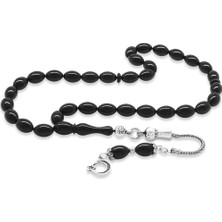 DAVİD BLACK 925 Ayar Gümüş Püsküllü Bilek Boy Siyah Sıkma Kehribar Tesbih