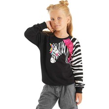 Denokids Fırfırlı Zebra Kız Çocuk Siyah Sweatshirt