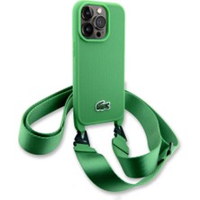 Lacoste iPhone 14 Pro Kılıf Lacoste Orjinal Lisanslı Pu Pike Desen Askılı Ikonik Timsah Dokuma Logolu Yeşil