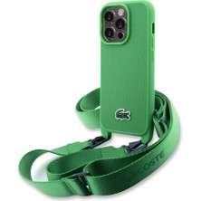 Lacoste iPhone 14 Pro Kılıf Lacoste Orjinal Lisanslı Pu Pike Desen Askılı Ikonik Timsah Dokuma Logolu Yeşil