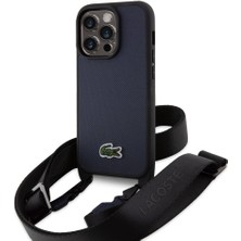 Lacoste iPhone 14 Pro Kılıf Lacoste Orjinal Lisanslı Pu Pike Desen Askılı Ikonik Timsah Dokuma Logo Lacivert