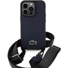 Lacoste iPhone 14 Pro Kılıf Lacoste Orjinal Lisanslı Pu Pike Desen Askılı Ikonik Timsah Dokuma Logo Lacivert