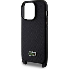 Lacoste iPhone 14 Pro Kılıf Lacoste Orjinal Lisanslı Pu Pike Desenli Askılı Ikonik Timsah Dokuma Logo Siyah