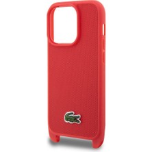 Lacoste iPhone 14 Pro Kılıf Lacoste Orjinal Lisanslı Pu Pike Desen Askılı Ikonik Timsah Dokuma Logo Kırmızı