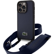 Lacoste iPhone 15 Pro Kılıf Lacoste Orjinal Lisanslı Pu Pike Desen Askılı Ikonik Timsah Dokuma Logo Lacivert