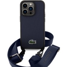 Lacoste iPhone 15 Pro Kılıf Lacoste Orjinal Lisanslı Pu Pike Desen Askılı Ikonik Timsah Dokuma Logo Lacivert