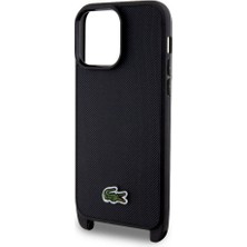 Lacoste iPhone 15 Pro Max Kılıf Lacoste Orjinal Lisanslı Pu Pike Desen Askılı Ikonik Timsah Logo Siyah