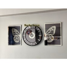 Harika Crown Aynalı Model 2 Li Kelebek Tablo ve Saat Seti