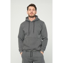Four Man Antrasit Gri Kapşonlu Sweatshirt 3 Iplik Şardonlu  (%100 Pamuk)