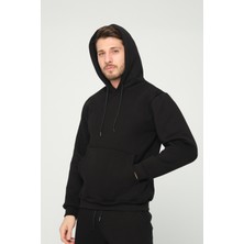 Four Man Siyah Kapşonlu Sweatshirt 3 Iplik Şardonlu  (%100 Pamuk)