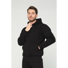 Four Man Siyah Kapşonlu Sweatshirt 3 Iplik Şardonlu  (%100 Pamuk)
