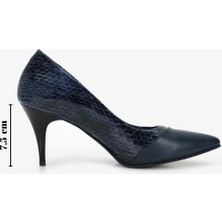 Grasyano Hakiki Deri Stiletto Lacivert Topuklu Ayakkabı - 7,5 Cm İnce Topuk Sivri Burun - El İşçiliği Rugan Yılan Desen Premium  Deri GRS004-LC