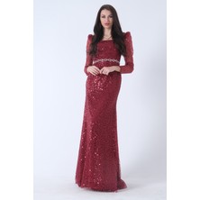 Feminist Bordo Kare Yaka Kolları Transparan Abiye Elbise 9705196.04