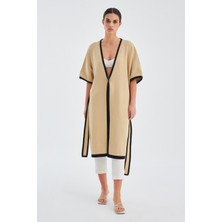 Peraluna SOHO Kısa Kollu %100 Pamuk Kadın Triko Kimono - Bej/Siyah
