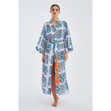 Peraluna RIA KİMONO Çini Desenli 127 CM Püskül Kemer Detaylı Saten Kadın Kimono - Çok Renkli