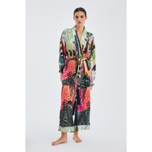 Peraluna SHUKO Tropik Desenli Geniş Kollu Saten Kadın Kimono - Çok Renkli