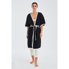 Peraluna SOHO Kısa Kollu %100 Pamuk Kadın Triko Kimono - Siyah/Ekru