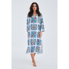 Peraluna RIA CAFTAN Çini Desenli 123 CM Derin Yırtmaçlı Saten Kadın Kaftan - Çok Renkli