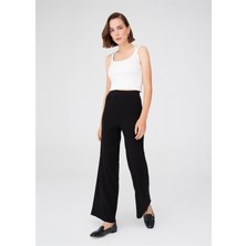 Peraluna Ribana Örgü Rahat Kesim Boru Paça Triko Pantolon Siyah