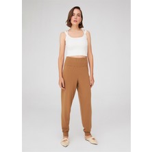 Peraluna Yüksek Bel Dar Paça Kaşmir Karışım Fit Kadın Triko Pantolon Camel