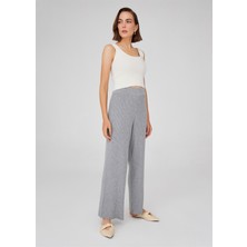 Peraluna Bol Kesim Kaşmir Karışım Boru Paça Kadın Triko Pantolon Gri Melanj