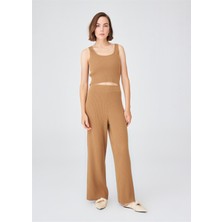 Peraluna Bol Kesim Kaşmir Karışım Boru Paça Kadın Triko Pantolon Camel