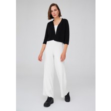 Peraluna Ribana Örgü Rahat Kesim Boru Paça Triko Pantolon Ekru