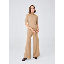 Peraluna Boru Paça Yüksek Bel Kadın Triko Pantolon Camel Melanj