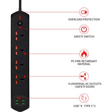 Qasul Yeni Nesil 10 Girişli 4+4 USB + 2 Type-C Çoklu Priz 2m Kablolu Akım Korumalı Anahtarlı Uzatma Priz