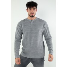 Julude Gri Erkek Bisiklet Yaka Ön Düğme Detaylı Triko Kazak P-00007555