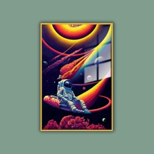 Gaagart Metal Çerçeveli Temperli Cam Tablo Neon Renkli Uzay Boşluğu Astronot