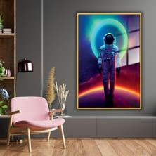 Gaagart Metal Çerçeveli Temperli Cam Tablo  Neon Renkli Uzay ve Astronot