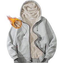 Ghassy Co. Erkek Ultra Termal Sherpa Astarlı Kışlık Sweatshirt Gri Melanj Kapüşonlu Fermuarlı