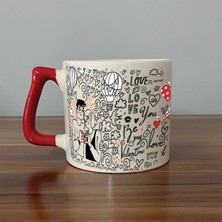 Mor Mürekkep Aşk Temalı Kırmızı Kulplu D Sevgililer Günü Kupası